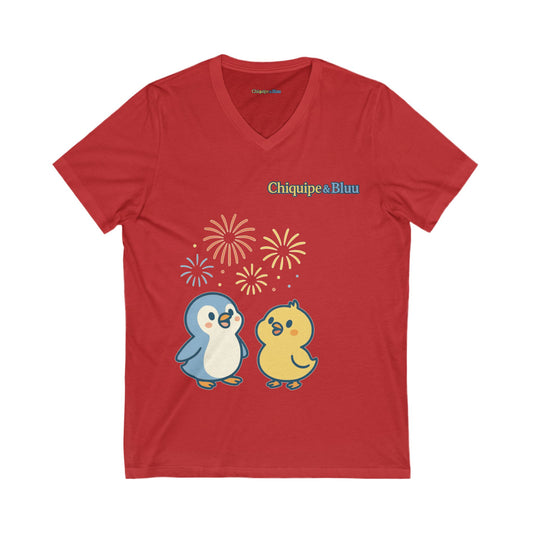Cute Penguin Party V-Neck Tee, Unisex Graphic Tee, Animal Lover Gift, Birthday Shirt, Cute Couple Tee, Fun Summer Shirt