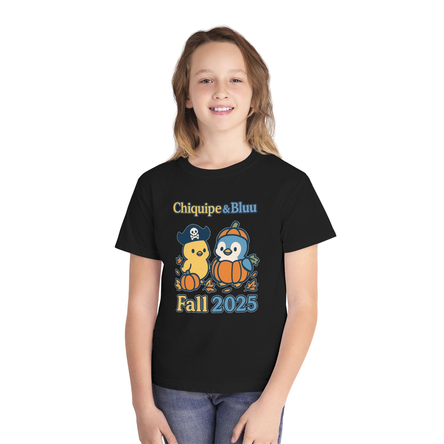 Adorable Fall Youth Tee, Cute Pirate and Penguin Design, Kids Halloween Shirt, Autumn Apparel, Seasonal Graphic Tee