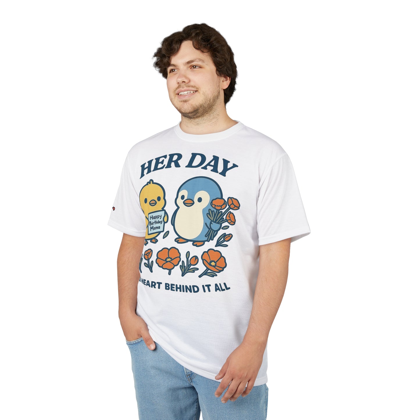 Happy Birthday Her Day Tee, Unisex AOP Shirt, Cute Animal Graphic Tee, Gift for Mom, Birthday Celebration Outfit