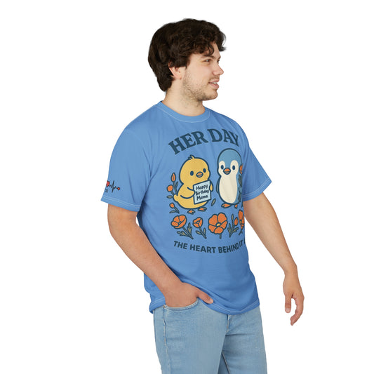 Happy Birthday Her Day Tee, Unisex AOP Shirt, Cute Animal Graphic Tee, Gift for Mom, Birthday Celebration Outfit