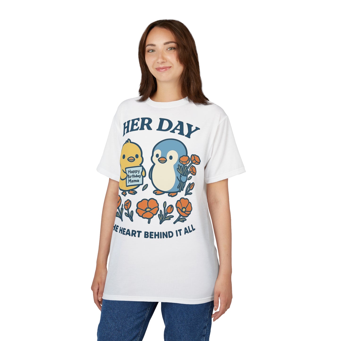 Happy Birthday Her Day Tee, Unisex AOP Shirt, Cute Animal Graphic Tee, Gift for Mom, Birthday Celebration Outfit
