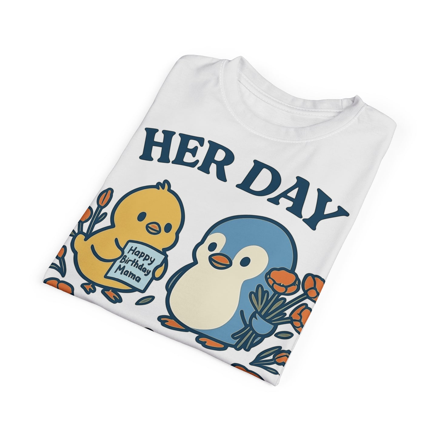Happy Birthday Her Day Tee, Unisex AOP Shirt, Cute Animal Graphic Tee, Gift for Mom, Birthday Celebration Outfit