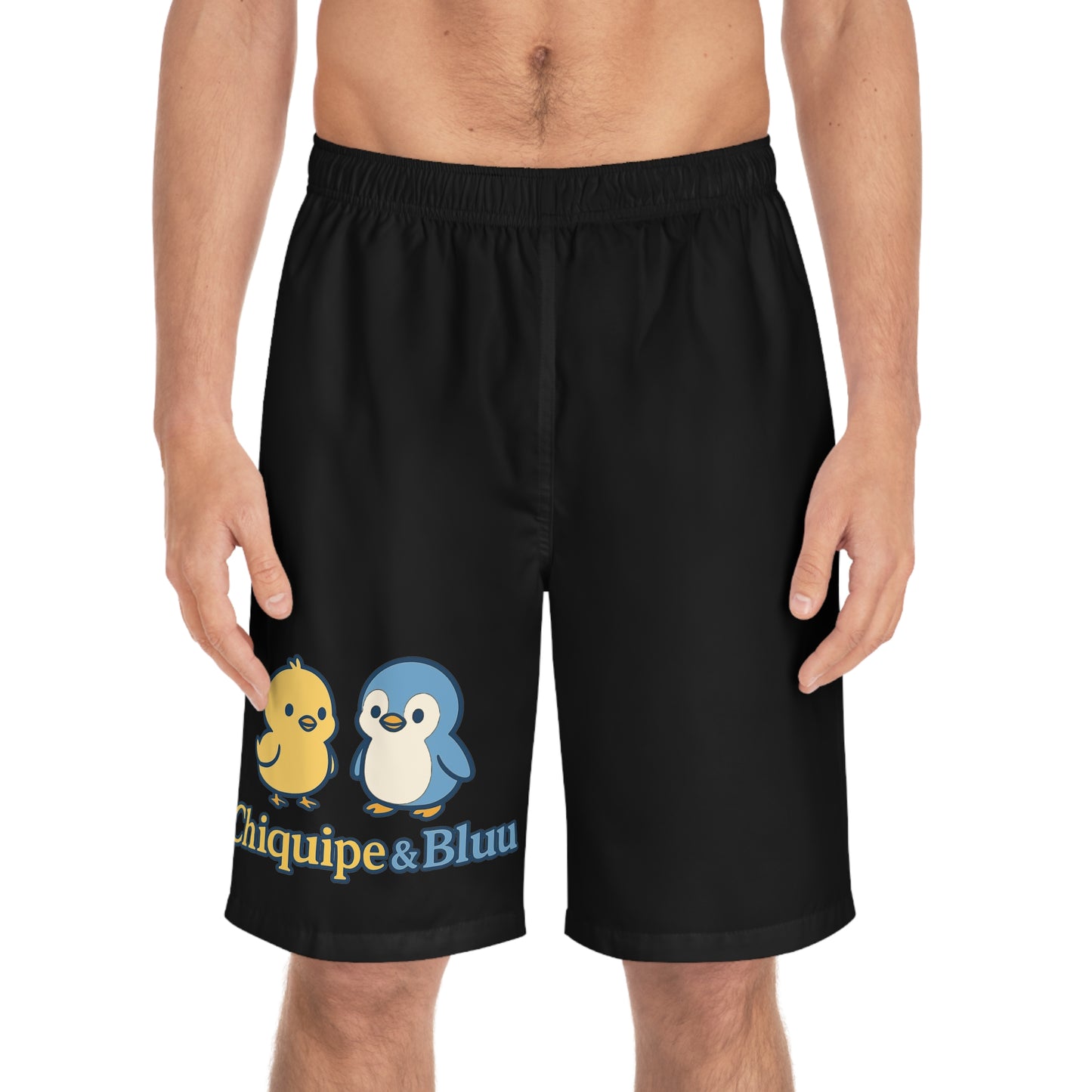 Men's Board Shorts with Cute Penguin and Chick Design - Summer Swimwear, Beachwear, Vacation Essentials, Fun Swim Trunks