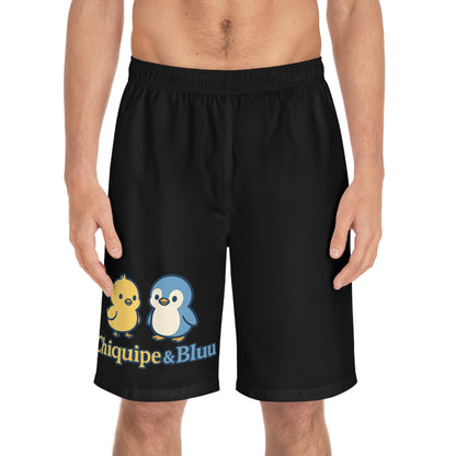 Men's Board Shorts with Cute Penguin and Chick Design - Summer Swimwear, Beachwear, Vacation Essentials, Fun Swim Trunks