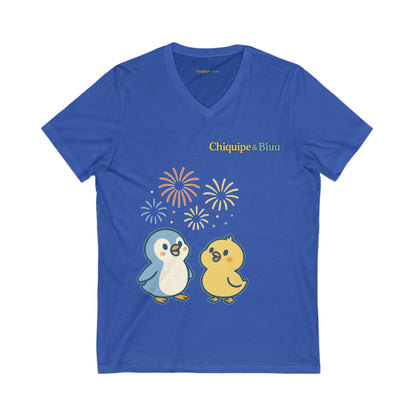 Cute Penguin Party V-Neck Tee, Unisex Graphic Tee, Animal Lover Gift, Birthday Shirt, Cute Couple Tee, Fun Summer Shirt