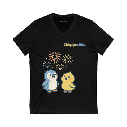 Cute Penguin Party V-Neck Tee, Unisex Graphic Tee, Animal Lover Gift, Birthday Shirt, Cute Couple Tee, Fun Summer Shirt