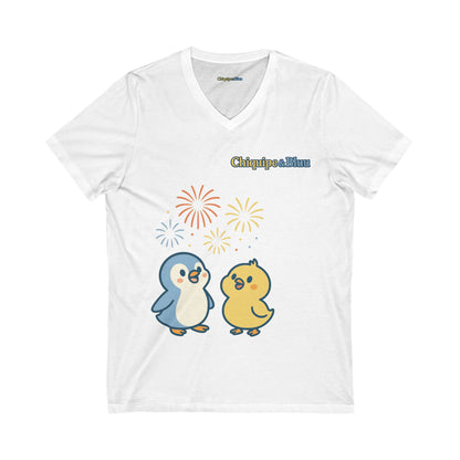 Cute Penguin Party V-Neck Tee, Unisex Graphic Tee, Animal Lover Gift, Birthday Shirt, Cute Couple Tee, Fun Summer Shirt