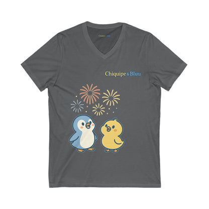 Cute Penguin Party V-Neck Tee, Unisex Graphic Tee, Animal Lover Gift, Birthday Shirt, Cute Couple Tee, Fun Summer Shirt