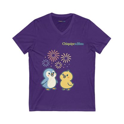 Cute Penguin Party V-Neck Tee, Unisex Graphic Tee, Animal Lover Gift, Birthday Shirt, Cute Couple Tee, Fun Summer Shirt