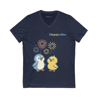 Cute Penguin Party V-Neck Tee, Unisex Graphic Tee, Animal Lover Gift, Birthday Shirt, Cute Couple Tee, Fun Summer Shirt