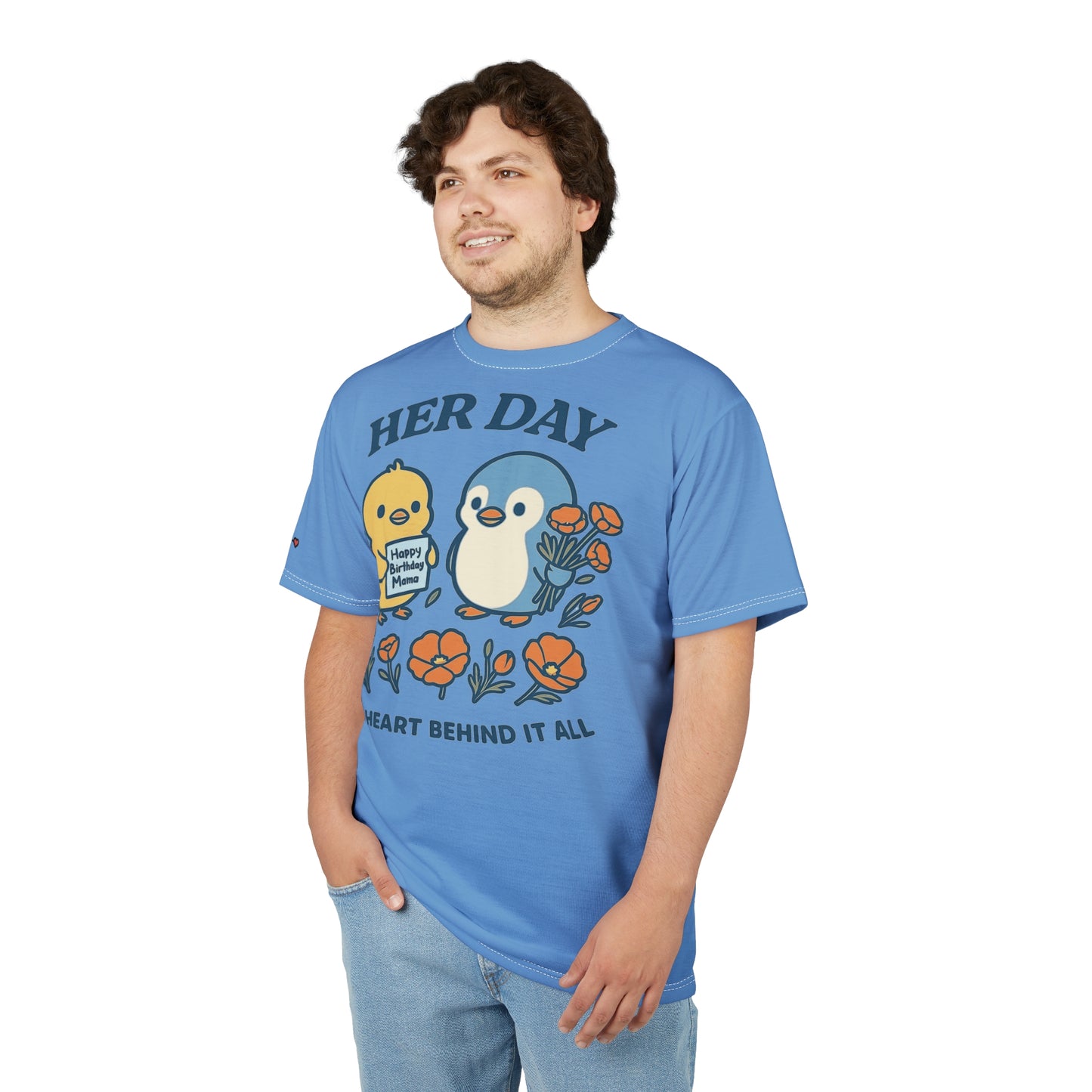Happy Birthday Her Day Tee, Unisex AOP Shirt, Cute Animal Graphic Tee, Gift for Mom, Birthday Celebration Outfit