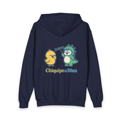 Youth Zipped Hoodie — Cute Chiquipe & Bluu Dino Cartoon Design