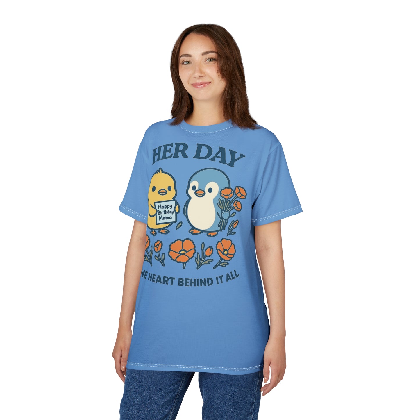 Happy Birthday Her Day Tee, Unisex AOP Shirt, Cute Animal Graphic Tee, Gift for Mom, Birthday Celebration Outfit