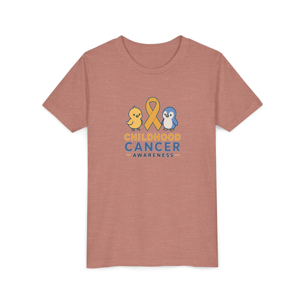 Youth Tee - Childhood Cancer Awareness Ribbon Kids Shirt (Gold Ribbon, Cute Duck & Penguin)