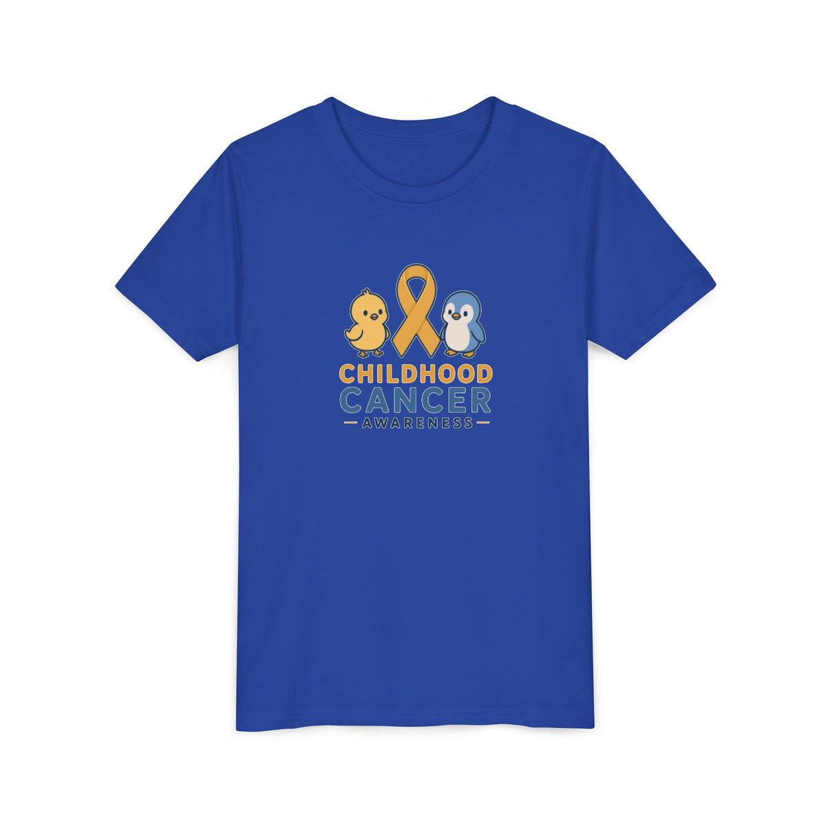 Youth Tee - Childhood Cancer Awareness Ribbon Kids Shirt (Gold Ribbon, Cute Duck & Penguin)