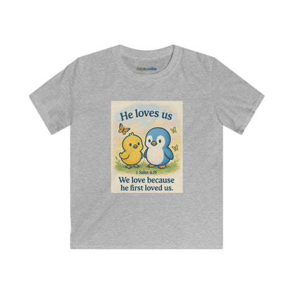 Kids Tee — "He Loves Us" Christian Penguin & Chick Bible Verse Tee (John 4:19)
