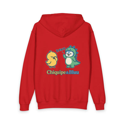 Youth Zipped Hoodie — Cute Chiquipe & Bluu Dino Cartoon Design