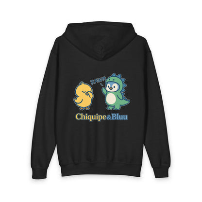 Youth Zipped Hoodie — Cute Chiquipe & Bluu Dino Cartoon Design