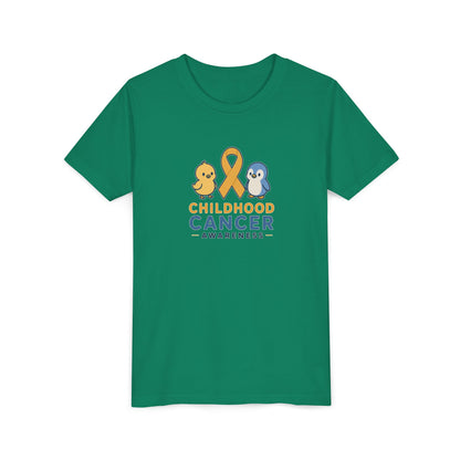 Youth Tee - Childhood Cancer Awareness Ribbon Kids Shirt (Gold Ribbon, Cute Duck & Penguin)