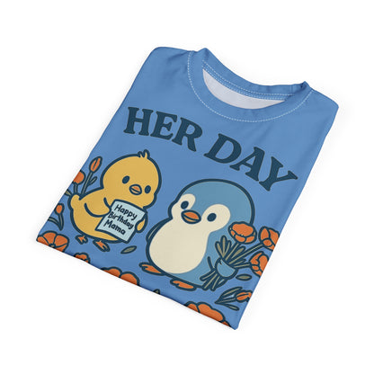 Her Day Tee, Unisex AOP Shirt, Cute Animal Graphic Tee, Gift for Mom, Birthday Celebration Outfit
