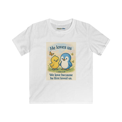 Kids Tee — "He Loves Us" Christian Penguin & Chick Bible Verse Tee (John 4:19)