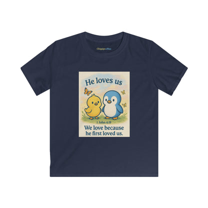 Kids Tee — "He Loves Us" Christian Penguin & Chick Bible Verse Tee (John 4:19)
