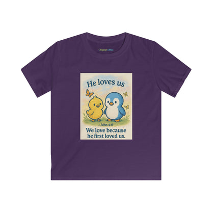 Kids Tee — "He Loves Us" Christian Penguin & Chick Bible Verse Tee (John 4:19)