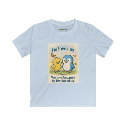 Kids Tee — "He Loves Us" Christian Penguin & Chick Bible Verse Tee (John 4:19)