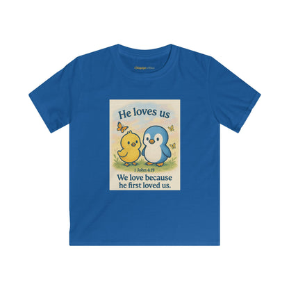 Kids Tee — "He Loves Us" Christian Penguin & Chick Bible Verse Tee (John 4:19)
