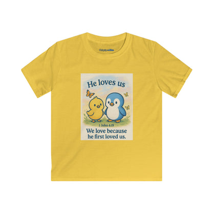 Kids Tee — "He Loves Us" Christian Penguin & Chick Bible Verse Tee (John 4:19)