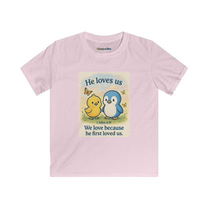 Kids Tee — "He Loves Us" Christian Penguin & Chick Bible Verse Tee (John 4:19)