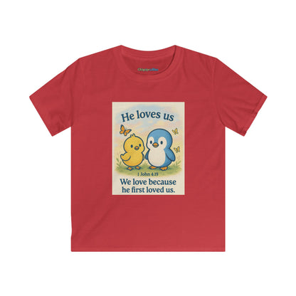 Kids Tee — "He Loves Us" Christian Penguin & Chick Bible Verse Tee (John 4:19)