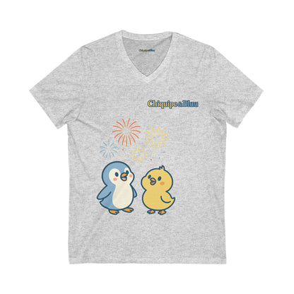 Cute Penguin Party V-Neck Tee, Unisex Graphic Tee, Animal Lover Gift, Birthday Shirt, Cute Couple Tee, Fun Summer Shirt